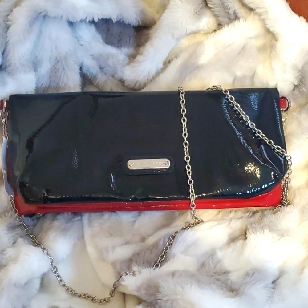 Steve Madden| Women's Red & Black Clutch Purse With Silver Chain Evening Bag L